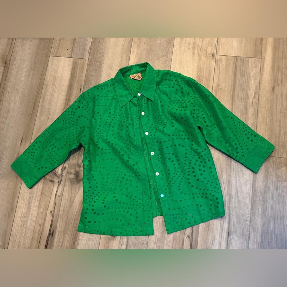 Choices Emerald Green Button-Up with Textured Dot Pattern Size M